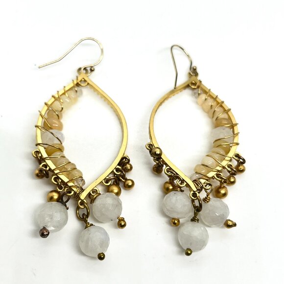 GOLD TONE BEADED CHANDELIER DANGLE EARRINGS BOHO FAUX MOONSTONE YELLOW STONE - Picture 16 of 16